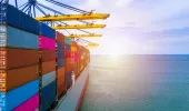 Side view of a docked container ship with cranes above